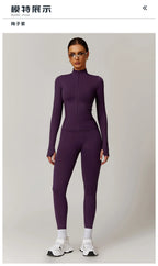 סט “מיכאלה” – סט יוגה 2025 עם טייץ היי־וויסט מחטב וג׳קט רוכסן ארוך שרוול